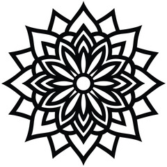 Intricate Black and White Floral Mandala Design with Geometric Petals and a Central Circle Creating a Harmonious Pattern
