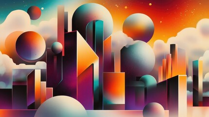 Colorful futuristic city with floating spheres.