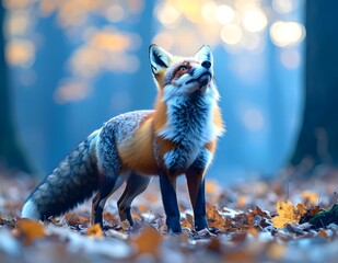 A vibrant red fox stands gracefully amidst a carpet of fallen autumn leaves in a blurred forest, looking intently upwards.
