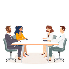 A group of four leaders are sitting at a conference table, engaged in discussion. The setting is modern, with clean lines and natural light.