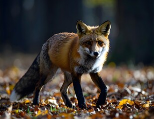 A vibrant red fox stands gracefully amidst a carpet of fallen autumn leaves in a blurred forest, looking intently upwards.