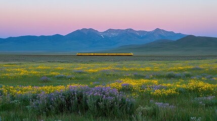 Yellow Train in the Prairie Flower Sea