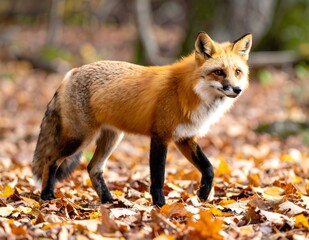 Fototapeta premium A vibrant red fox stands gracefully amidst a carpet of fallen autumn leaves in a blurred forest, looking intently upwards.