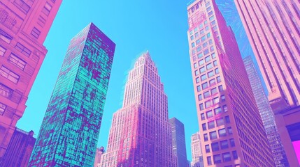 Vibrant city skyscrapers in a pastel color palette.