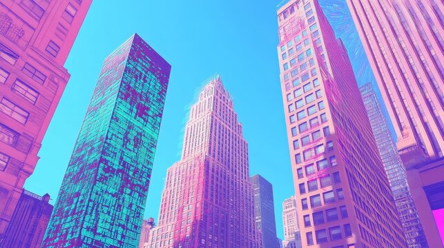 Vibrant city skyscrapers in a pastel color palette.