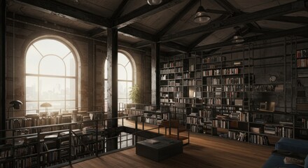 Dark attic interior with arched windows and cluttered space