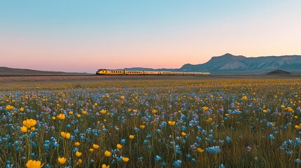 Yellow Train in the Prairie Flower Sea