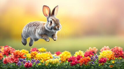 Adorable bunny leaps amidst vibrant spring flowers.  Fluffy, light-brown bunny in mid-air, surrounded by a colorful array of blossoms. Soft, pastel background evokes a serene springtime setting