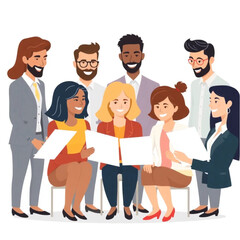 A group of seven leaders are preparing training materials. Everyone is smiling or nodding, showing active participation.