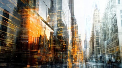 Urban cityscape with layered reflections and digital overlay.