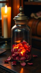 Cozy Candlelit Ambiance with Mason Jar Vase of Roses