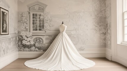 Elegant wedding gown displayed against a backdrop of a classic garden scene.