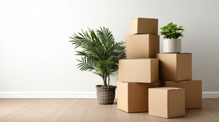 Stacked Moving Boxes and Plants