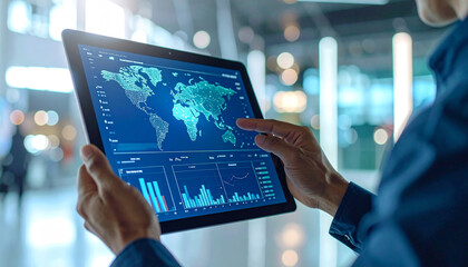 Global Analytics at a Glance: A person utilizes a digital tablet to analyze a world map and financial data, symbolizing technological innovation and global connectivity.