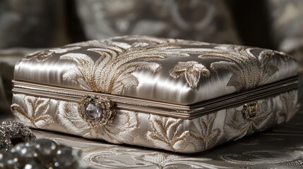 Ornate, embroidered keepsake box with decorative detailing.