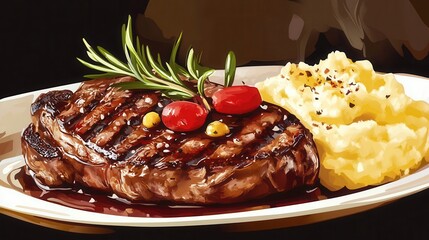 Grilled steak with mashed potatoes and herbs.