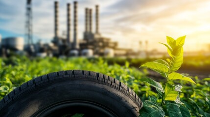 Tire plant reducing emissions with green tech, sustainable banner in background