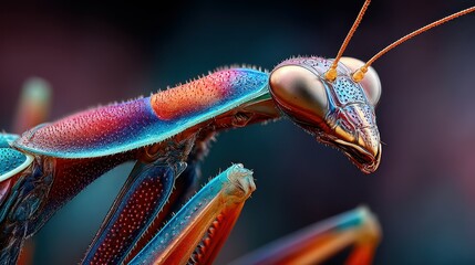 Detailed close-up of a vibrant mantis showcasing intricate features in a natural setting during daylight