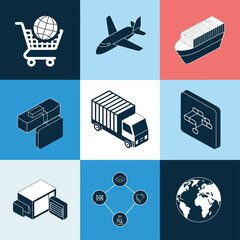 Naklejka premium 2d vector illustration colorful Land and sea transport techniques, methods and technological tools for transporting and shipping goods and products and logistic 