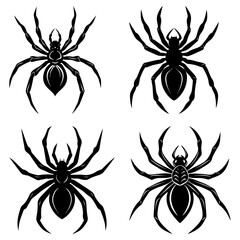 Four black spider illustrations with detailed legs and bodies arranged in a square formation design