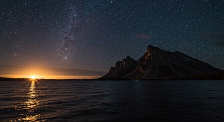 Sunset over ocean water with dark landmass silhouette
