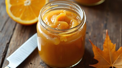 Fresh Orange Marmalade in Jar with Knife and Citrus Accents