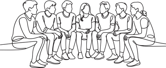A Group of Friends Sitting Together in Continuous Line Art Style Illustration