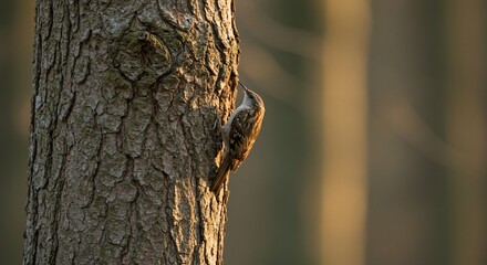 Obraz premium Eurasian Treecreeper Ascending Textured Tree Trunk in Golden Hour Light