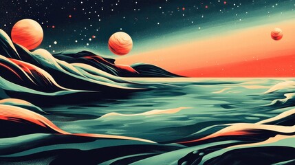 A colorful, stylized landscape of alien planets and swirling, textured terrain.