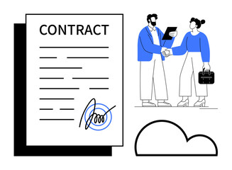 Signed document with blue signature, handshake between colleagues with tablet and briefcase. Ideal for business, partnership, collaboration, professionalism, agreement, trust teamwork. Simple flat