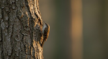 Obraz premium Eurasian Treecreeper clinging to textured bark in golden light