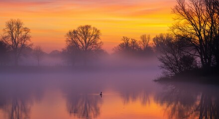 Fototapeta premium Misty lakeside sunrise with silhouetted trees. Tranquil water with lone bird. Serene and colorful natural setting.