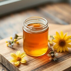 Honey Jar on Cutting Board with Flowers