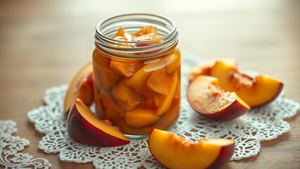 Vintage Peach Preserve in Glass Jar on Table