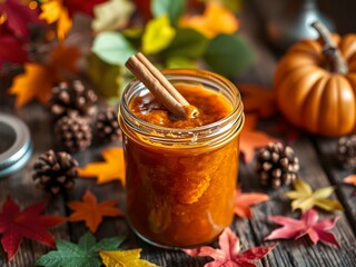 Autumn Harvest Theme with Jar of Pumpkin Jam and Fall Leaves