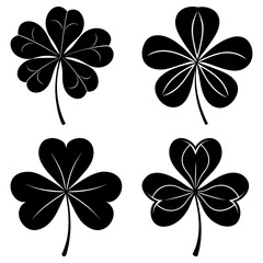 Obraz premium Four black and white clover illustrations with varying leaf counts and simple stem designs shown clearly