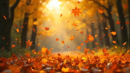 Autumn Leaves Falling in a Sunlit Forest Pathway Surrounded by Trees