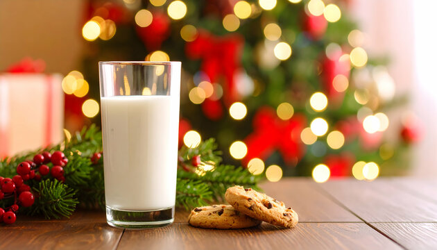 Milk glass with cookies on wooden table with Christmas decorations in background