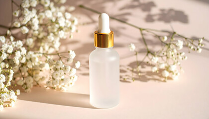 Glass dropper bottle with golden cap and white flowers on pastel background