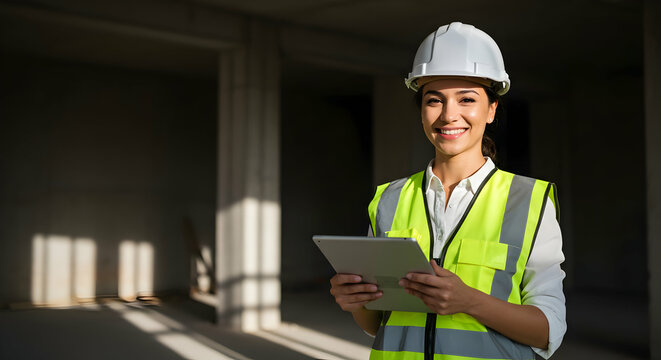 Confident female engineer using tablet on construction site smiling at camera successful businesswoman architect building project management industry