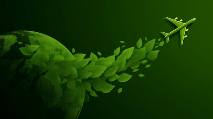 Sustainable Aviation Fuel biofuel aviation environment. SAF. Renewable industry. Emission future. Silhouette of a jet over a green globe with leaf trail.