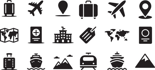 Travel icons including luggage airplane map and location markers vector