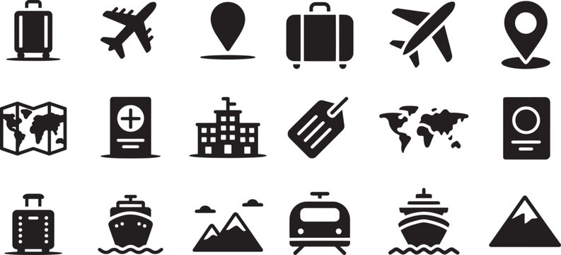 Travel icons including luggage airplane map and location markers vector