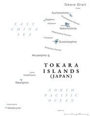 Tokara Islands, island group of Japan, gray political map. Archipelago in the Nansei Islands, part of Satsunan Islands and the Ryukyu Archipelago, belonging to Toshima Village, Kagoshima Prefecture.