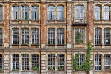 Fototapeta premium A historic building facade with aged brickwork and arched windows, adorned by climbing greenery and small potted plants