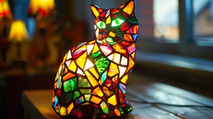 光の中の猫：ステンドグラスのやさしい灯り
