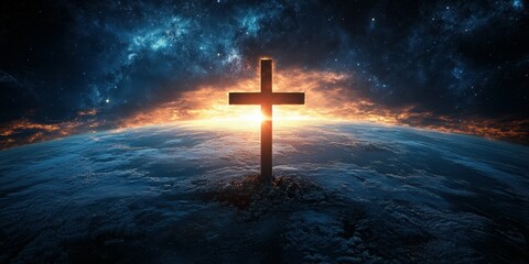 Fototapeta premium Cross illuminated by a golden sunset in a starry sky over the Earth