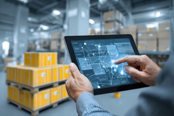 Modern Warehouse Technology with Tablet and Inventory Management Interface