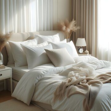 Minimalist bedroom interior design with wooden bed furniture white bedding and home accessories empty wall mockup for art gallery prints or bedroom advertising
