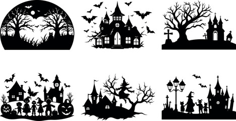 Cute Halloween Vector Set – Pumpkin, Ghost, Bat, Kids on White Background